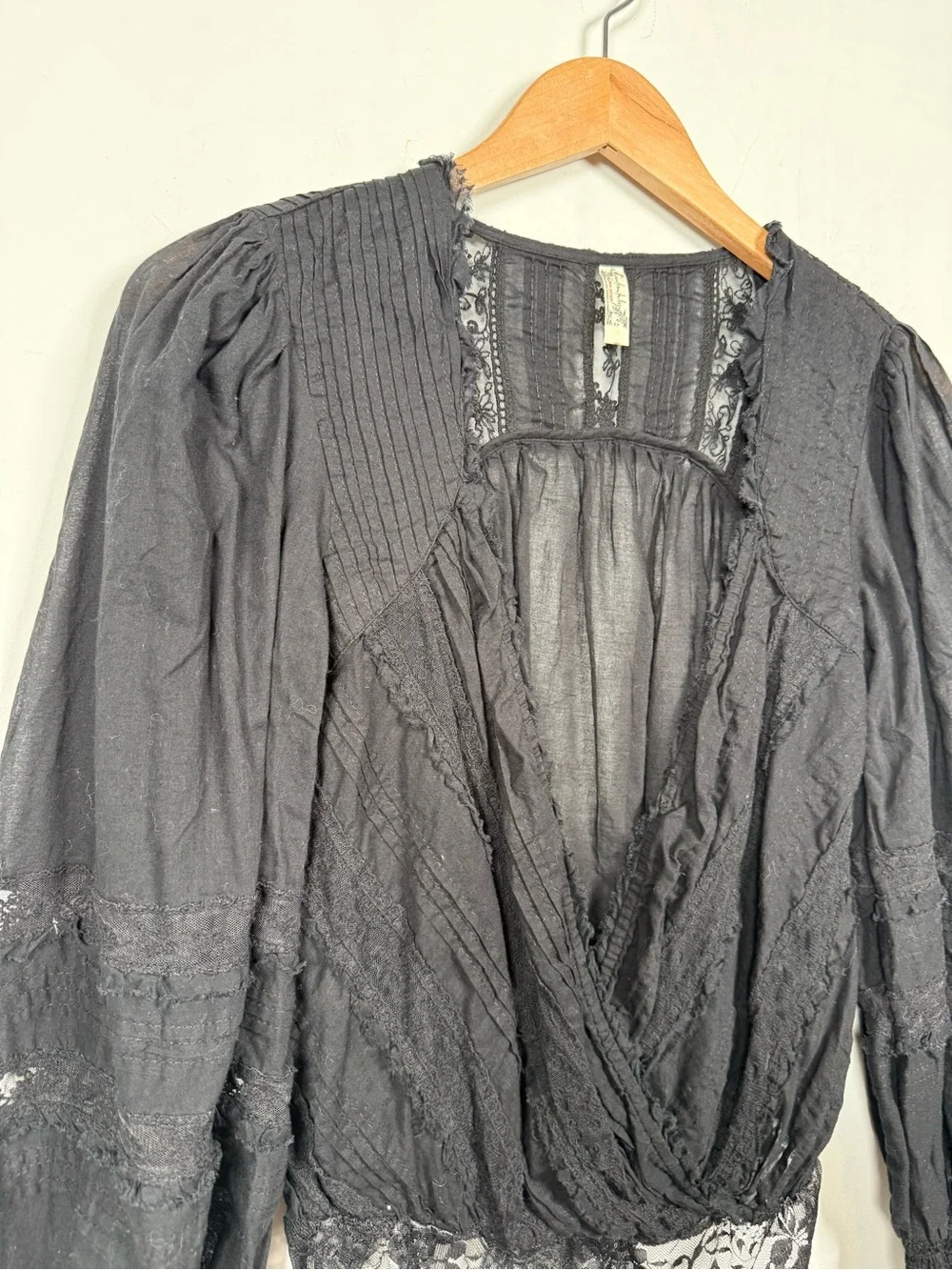 Free People The Eloise Smocked Lace Bodysuit Black Long Sleeve Sz S
